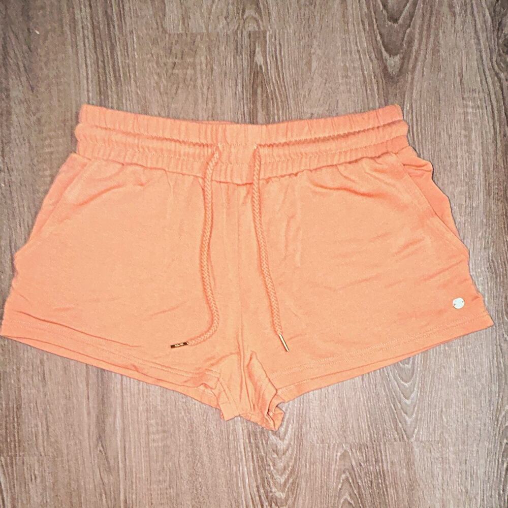 ROXY Peach Knit Sweat Shorts Size M Mid-Rise Elastic Waist Drawstring Pockets
